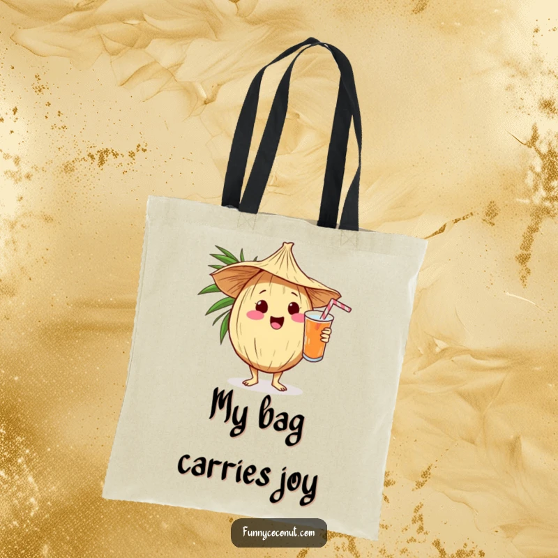 Funny kawaii coconut in a straw hat, serving a drink, printed on a durable tote bag for everyday use.
