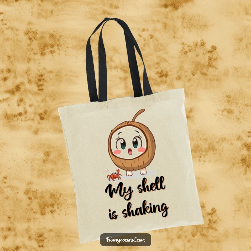 Funny coconut character with huge eyes, astonished by a tiny crab's dash, a humorous tote for everyday surprises.