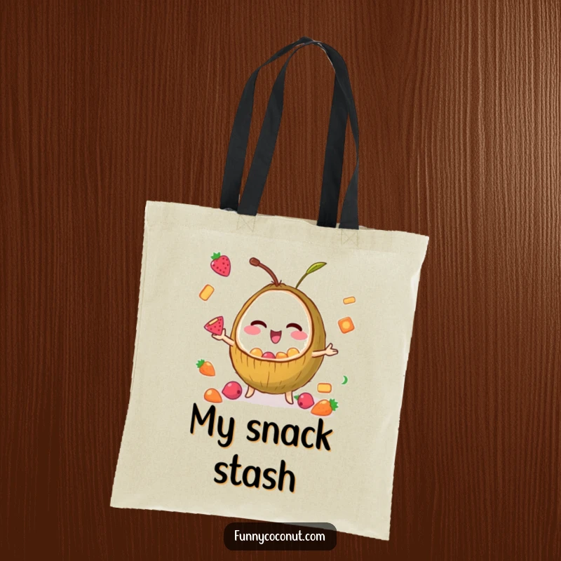 Funny tote bag showcasing a winking coconut artistically juggling tiny fruit snacks, ready to carry your essentials with flair.