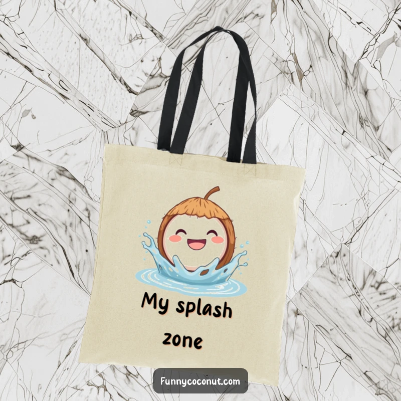 Funny tote bag showcasing a grinning coconut joyfully splashing in water, ready to carry your items with aquatic humor.