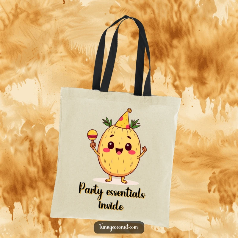 Funny Coconut Tote Bag: A cheerful coconut character with a party hat shaking maracas, ready for fun and festivities, ideal for carrying essentials in style.